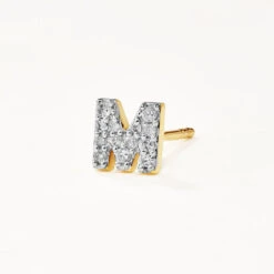 Diamond Letter M Single Stud Earring In 10k Gold