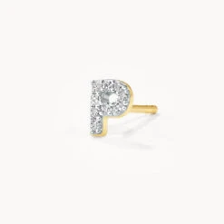 Diamond Letter P Single Stud Earring In 10k Gold