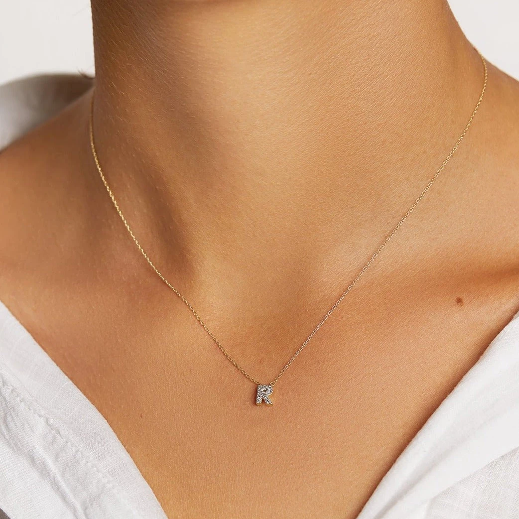 Diamond Letter R Necklace In 10k Gold 2 Diamond Letter R Necklace In 10k Gold - Image 2