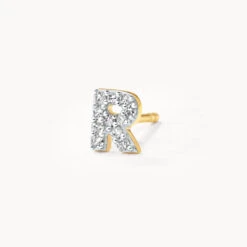 Diamond Letter R Single Stud Earring In 10k Gold