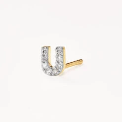 Diamond Letter U Single Stud Earring In 10k Gold