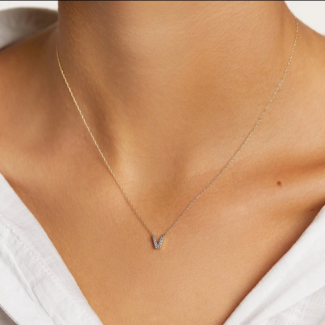 Diamond Letter V Necklace In 10k Gold 2 Diamond Letter V Necklace In 10k Gold - Image 2