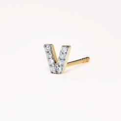 Diamond Letter V Single Stud Earring In 10k Gold