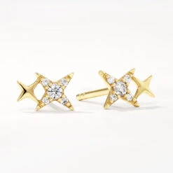 Diamond Double Star Stud Earrings In 10k Gold