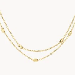 Double Chain Bead Station Necklace In 10k Gold