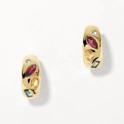 Garnet Multi Gemstone Curve Huggies In Gold