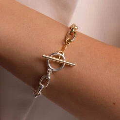 Mixed Metal Fob Paperclip Bracelet In Gold -Fashion Accessories Store medley x dinnara mixed metal fob paperclip bracelet in gold medley jewellery bangle bracelet 42592612909286