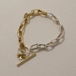 Mixed Metal Fob Paperclip Bracelet In Gold -Fashion Accessories Store mixed metal t bar paperclip chain bracelet in gold medley jewellery bangle bracelet 42584659034342