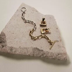 Mixed Metal Fob Paperclip Bracelet In Gold -Fashion Accessories Store mixed metal t bar paperclip chain bracelet in gold medley jewellery bangle bracelet 42584746426598