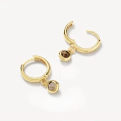 Smokey Quartz Round Drop Charm Huggies In 10k Gold -Fashion Accessories Store smokey quartz round drop charm huggies in 10k gold medley jewellery earrings 41223541194982