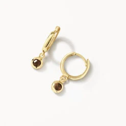 Smokey Quartz Round Drop Charm Huggies In 10k Gold