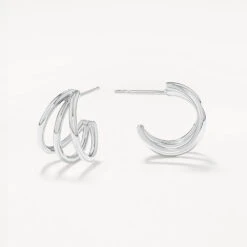 Triple Hoop Stud Earrings In Silver