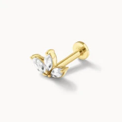 White Sapphire Triple Marquise Helix Single Stud Earring In 10k Gold