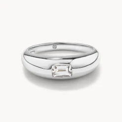 White Topaz Baguette Curve Pinky Ring In Silver