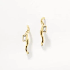 White Topaz Baguette Wave Suspender Bar Earrings In Gold