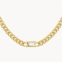 White Topaz Curb Chain Necklace In Gold