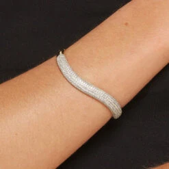 White Topaz Pave Wave Dome Bangle In Gold -Fashion Accessories Store white topaz pave wave dome bangle in gold medley bracelets bangle 39933072539878